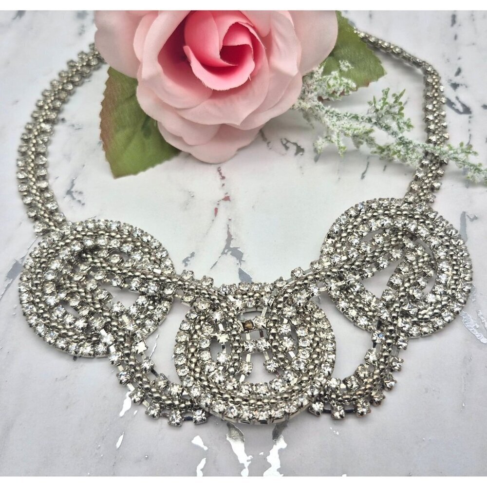 Silver Tone Crystal Statement Necklace Large Links Runway 20" Prom Clubwear